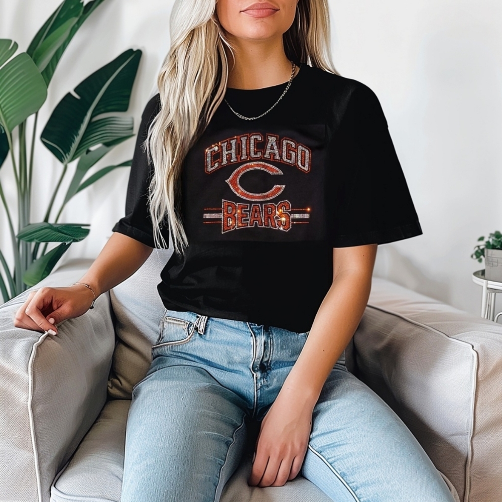 New Chicago BEARS Black New Rhinestone Unisex Crewneck T-shirt S-XL